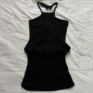 Y2k paper tag vintage Black metal medallion halter mini dress with ruched detail